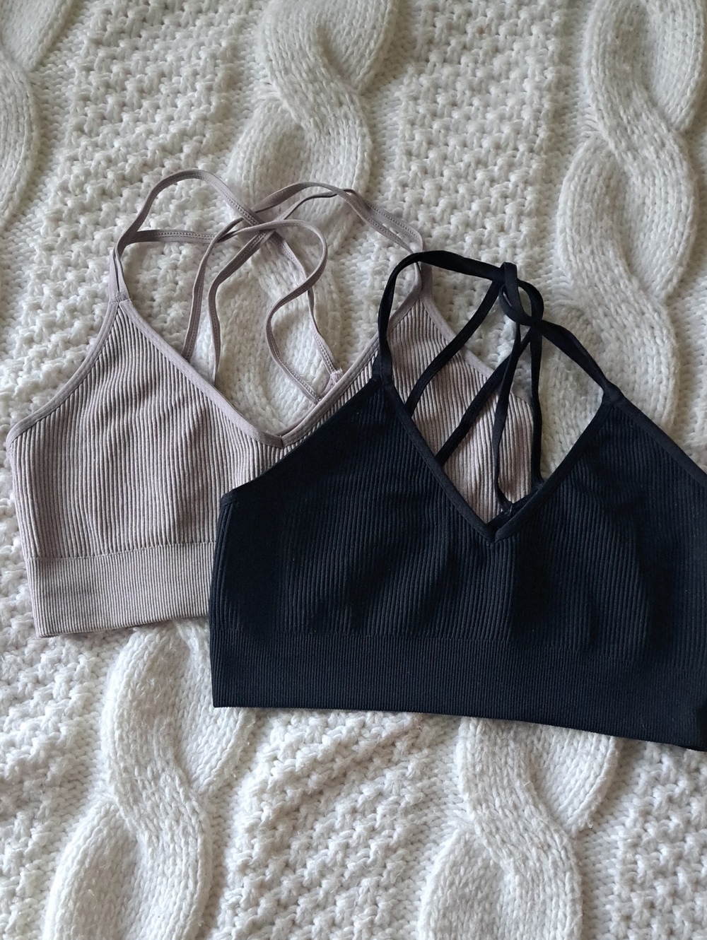 aerie Ribbed Bralette Set in Black & Light Taupe